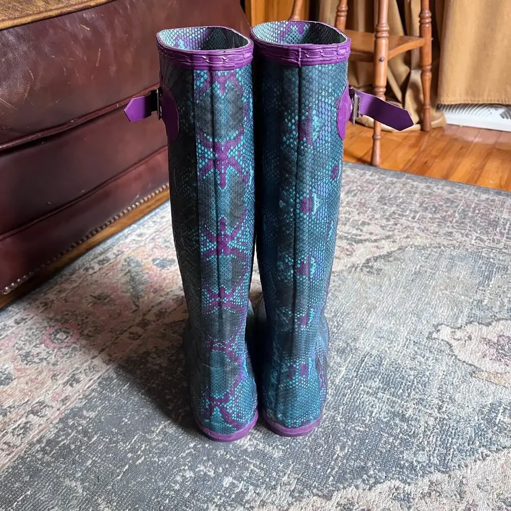 Hunter Carnaby Knee High Wellington Boots Snake Print Purple Teal Size Women's 9